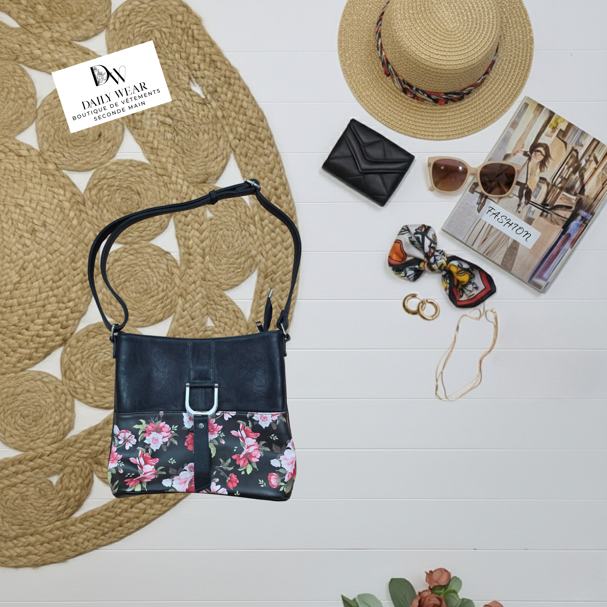 Sac à main Noire à Fleurs